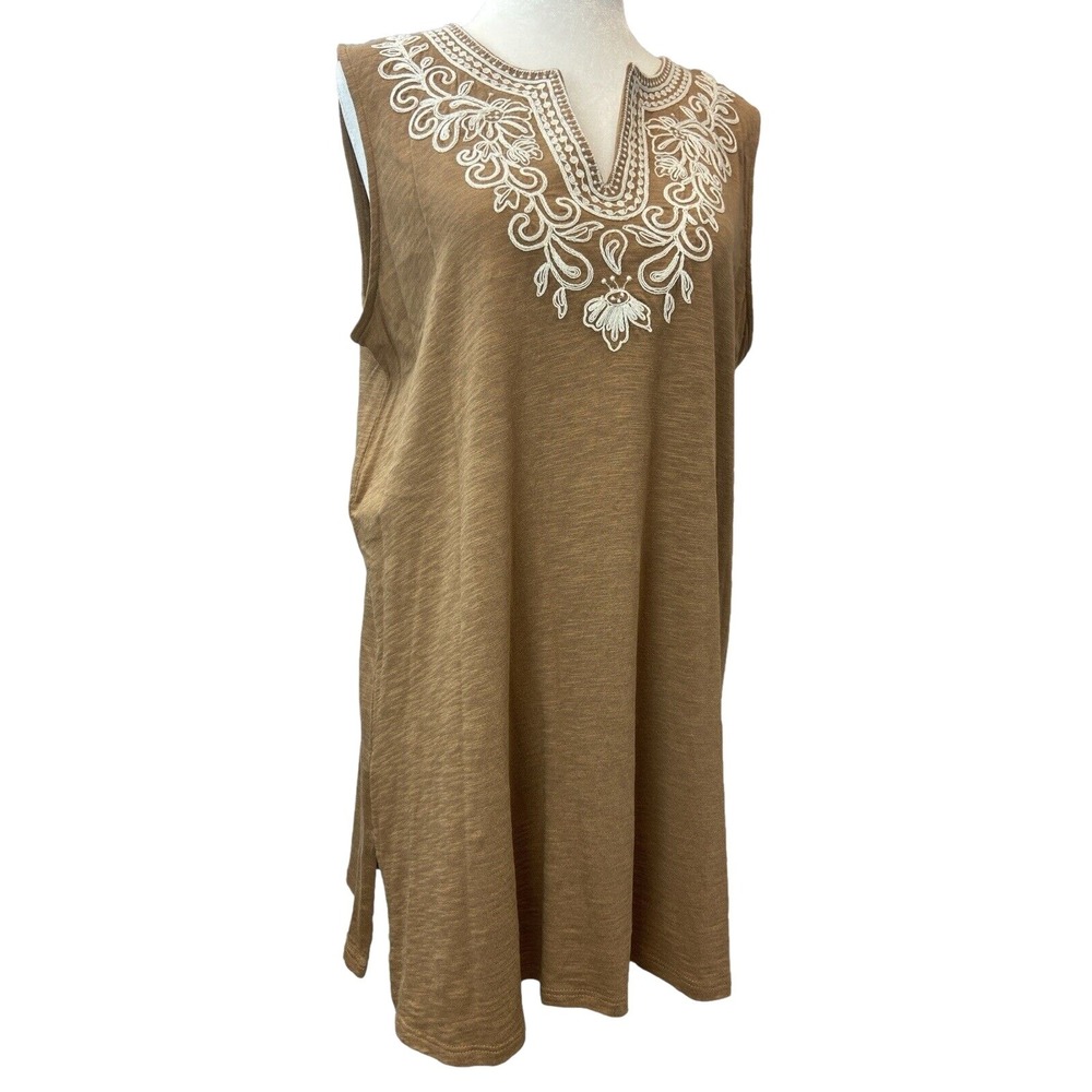 J Jill Tunic Tank Top Womens S Brown Embroidered Split V Neck Boho Jersey
